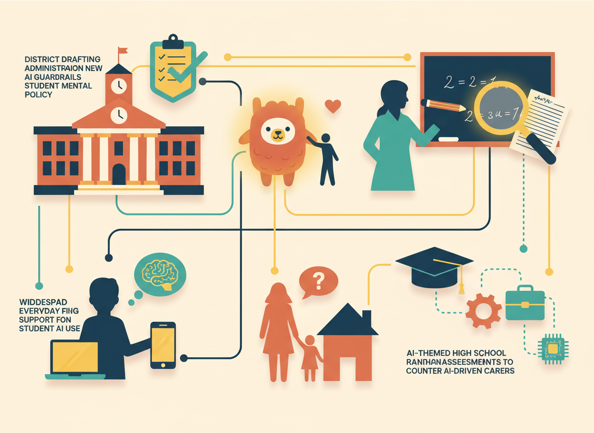 Rich, detailed flat-vector infographic collage showing icons for district AI policy, a student-wellness chatbot, teachers using pen-and-paper assessments, everyday student AI use, parents seeking clarity, and an AI-themed high school career pathway, all connected in a network