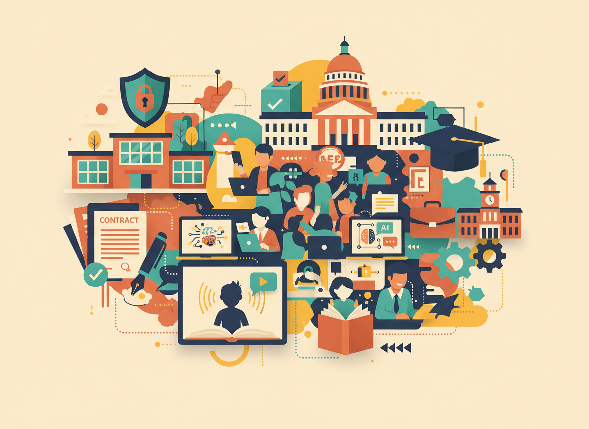 Rich, detailed flat-vector infographic collage showing icons for school data privacy, AI reading tutoring, classroom AI use, career readiness, and education policy, connected in a network