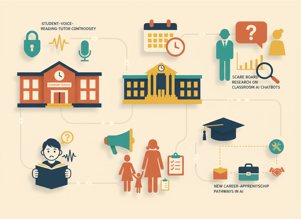 Rich, detailed flat-vector infographic collage showing icons for an AI reading-tutor privacy controversy, a school district delaying its AI policy vote, teachers and researchers puzzling over classroom AI chatbots, a graduation cap linked to apprenticeship tools, parents organizing with a megaphone, and a child reading aloud with sound-wave lines, all connected in a network map