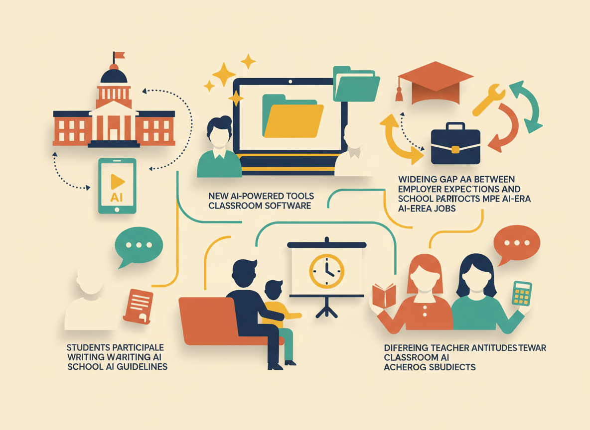 Rich, detailed flat-vector infographic collage showing icons for a state education agency facilitating an unproven AI learning platform into public schools, new AI tools launching inside a classroom app, a graduation cap linked to a briefcase with a widening gap arrow for a workforce-readiness mismatch, a student with a speech bubble and a rights scroll, a parent and child at an evening workshop with a clock, and two teacher silhouettes with opposing speech bubbles over a book and a calculator, all connected in a network map