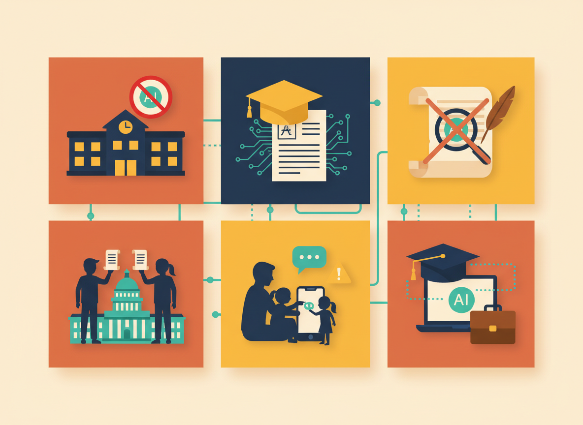 Rich, detailed flat-vector infographic collage showing icons for a school building with a ban/stop symbol over an AI spark, a graduation cap with circuit lines over an exam paper, an ancient scroll crossed out by an AI spark under a magnifying glass, teen silhouettes holding a scroll in front of a capitol building, a parent and child with a chat bubble and a caution triangle, and a graduation cap linked to a laptop and briefcase, all connected in a network map
