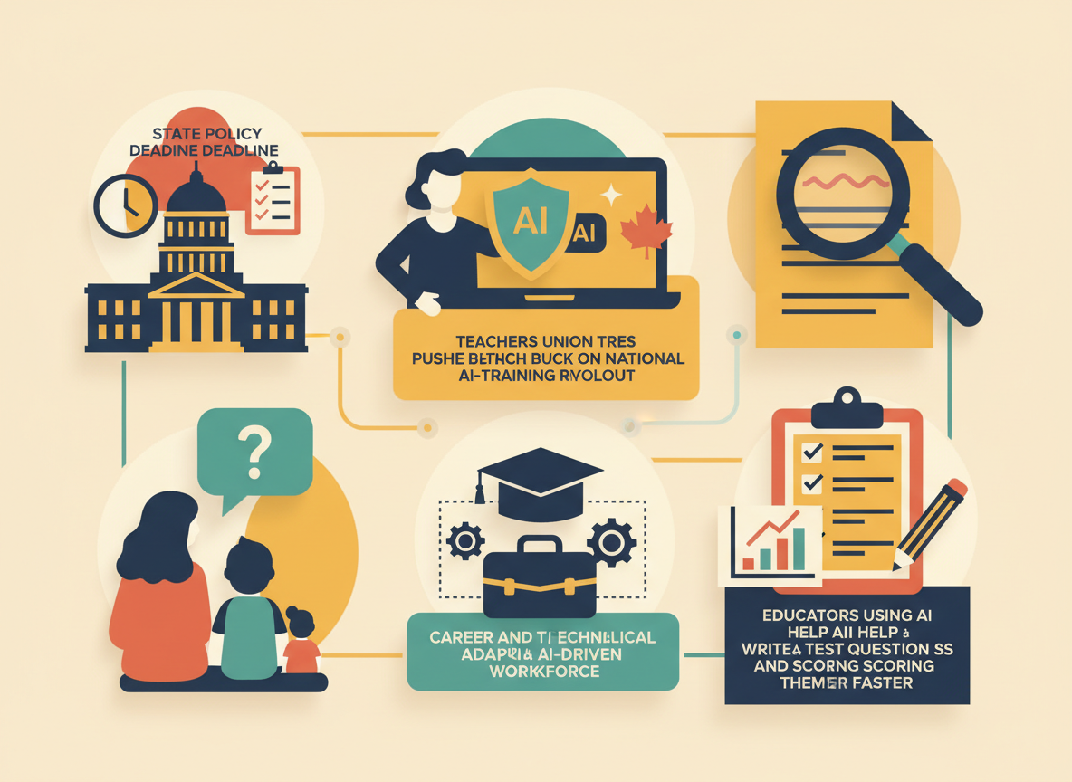 Rich, detailed flat-vector infographic collage showing icons for a capitol building with a clock and checklist, a teacher silhouette holding a shield in front of a laptop with a sparkle icon, a magnifying glass over a document, a parent and child with a speech bubble and question mark, a graduation cap linked to a briefcase with gears, and a clipboard with checkmarks beside a chart icon, all connected in a network map
