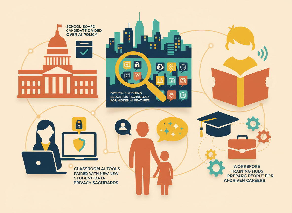 Rich, detailed flat-vector infographic collage showing a capitol building with a ballot box, a city building with a magnifying glass over app icons, a child reading with sound-wave lines, a teacher at a laptop with a shield icon, a parent and child with mismatched speech-bubble sizes, and a graduation cap linked to a briefcase with gears, all connected in a network map